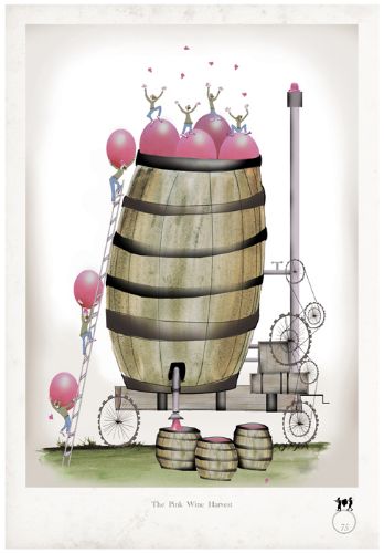 Pink Wine Harvest - whimsical fun rosé wine lovers print by Tony Fernandes